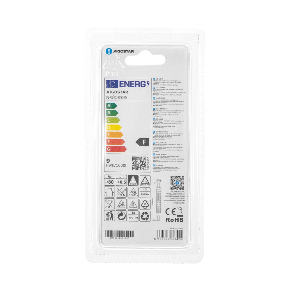 Lampadina Led R7S Lineare 118mm 9W SMD Bianco freddo 6500K Aigostar - Foto 3