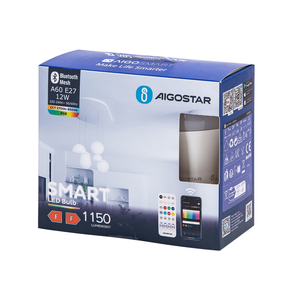 Lampadina Led Smart A60 E27 12W WiFi Bluetooth Mesh RGB CCT luce regolabile e dimmerabile confezione da 2pz Aigostar - Foto 3