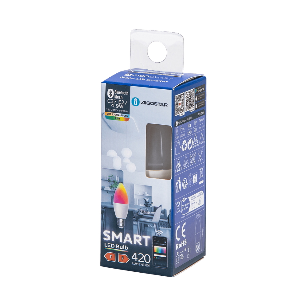 Lampadina Led Smart C37 E27 4,9W Bluetooth Mesh RGB CCT luce regolabile e dimmerabile Aigostar - Foto 2