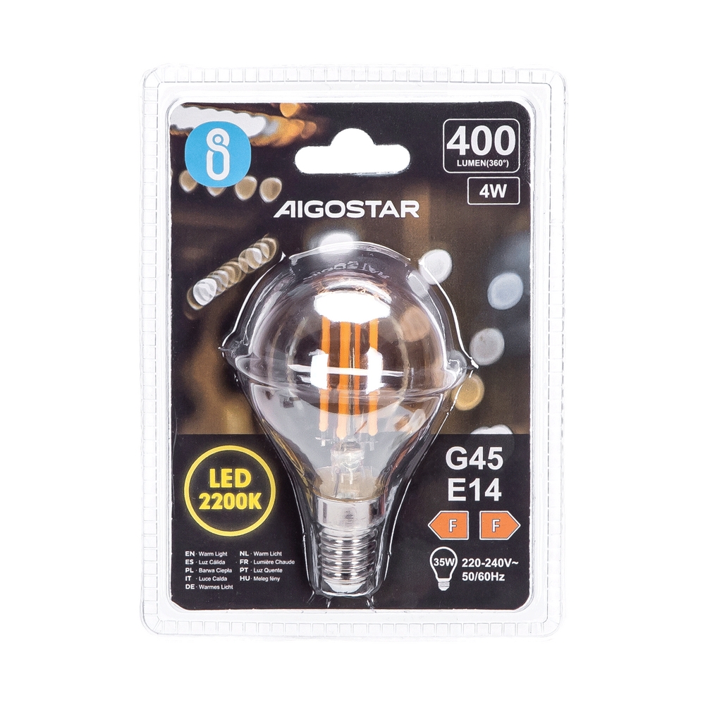 Lampadina Led Vintage a Filamento E14 G45 a sfera 4W Bianco caldo 2200K Aigostar - Foto 2