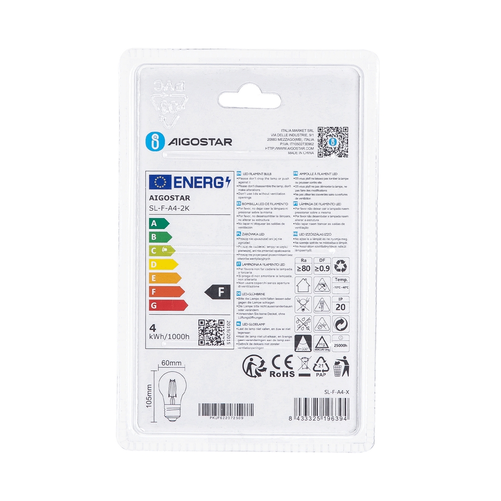 Lampadina Led Vintage a Filamento E27 A60 a bulbo 4W Bianco caldo 2200K Aigostar - Foto 3
