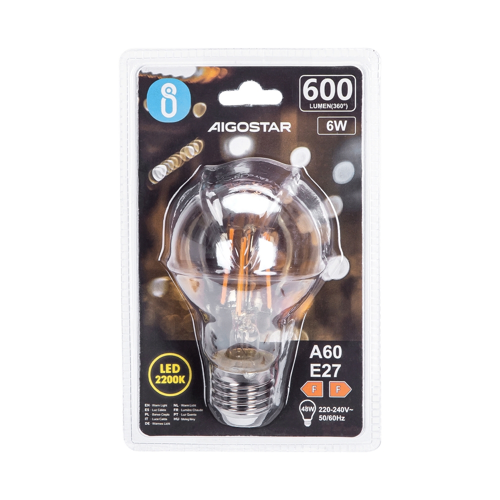 Lampadina Led Vintage a Filamento E27 A60 a bulbo 6W Bianco caldo 2200K Aigostar - Foto 2