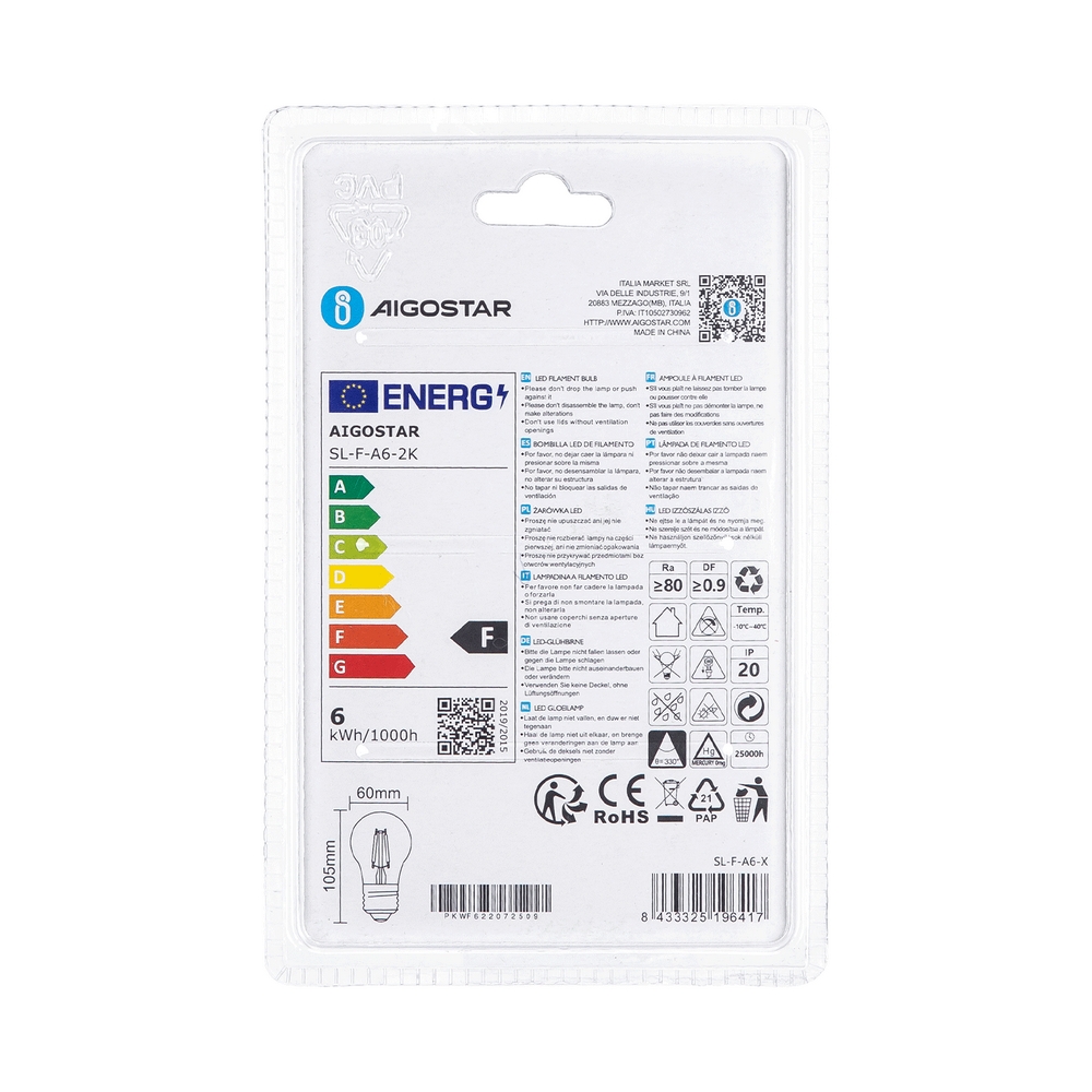Lampadina Led Vintage a Filamento E27 A60 a bulbo 6W Bianco caldo 2200K Aigostar - Foto 3