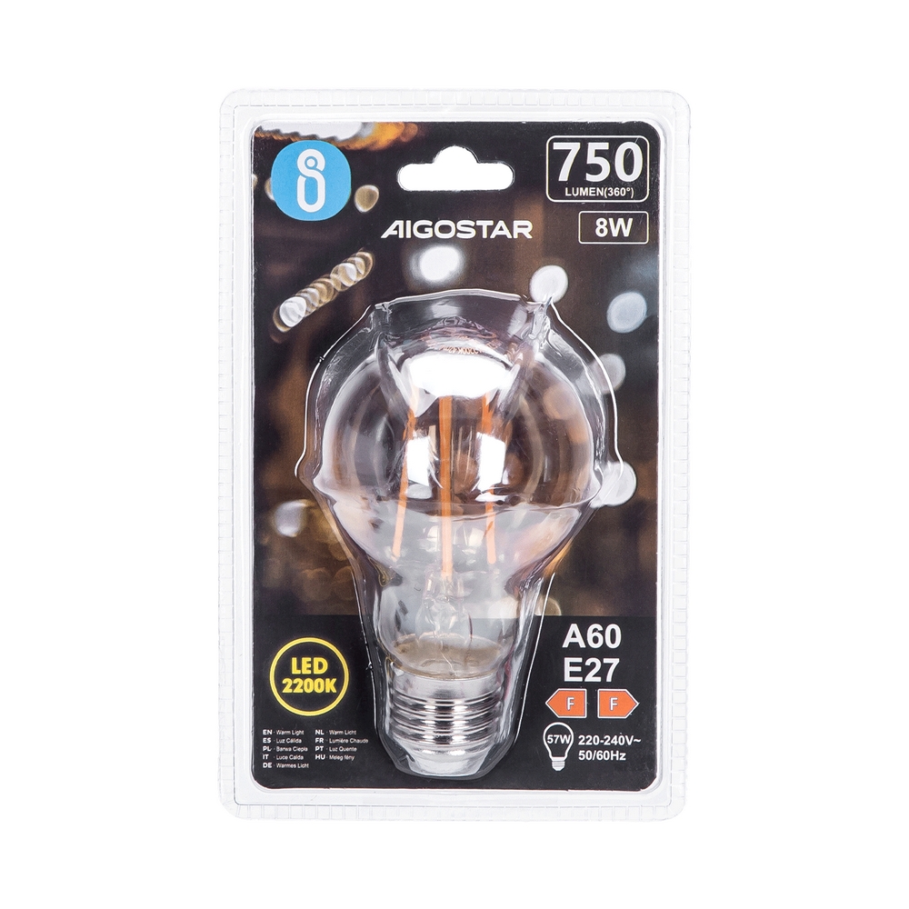 Lampadina Led Vintage a Filamento E27 A60 a bulbo 8W Bianco caldo 2200K Aigostar - Foto 2
