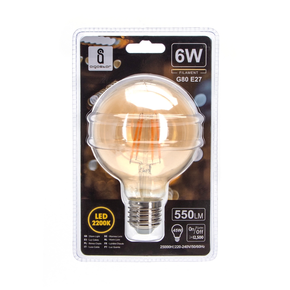 Lampadina Led Vintage a Filamento E27 G80 a globo 6W Bianco caldo 2200K Aigostar - Foto 2