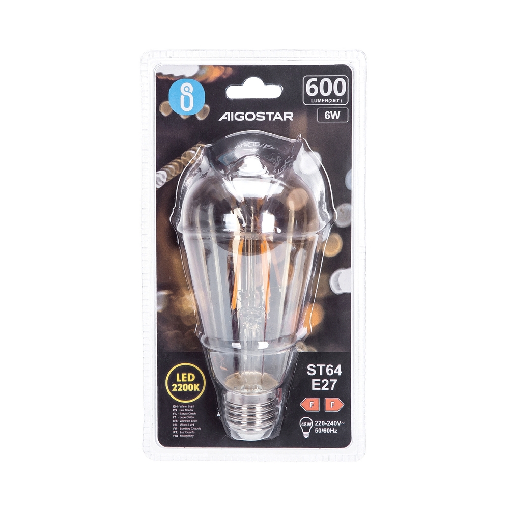 Lampadina Led Vintage a Filamento E27 ST64 6W Bianco caldo 2200K Aigostar - Foto 2