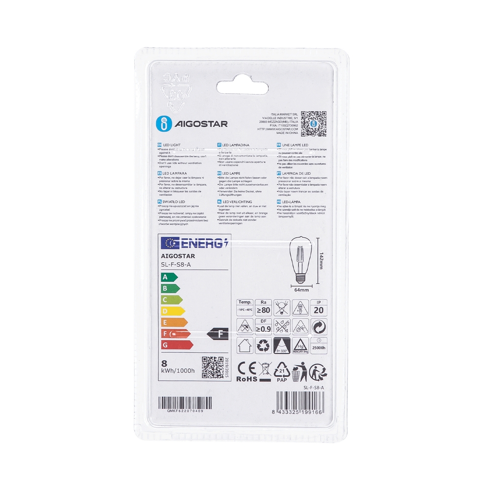 Lampadina Led Vintage a Filamento E27 ST64 8W Bianco caldo 2200K Aigostar - Foto 3
