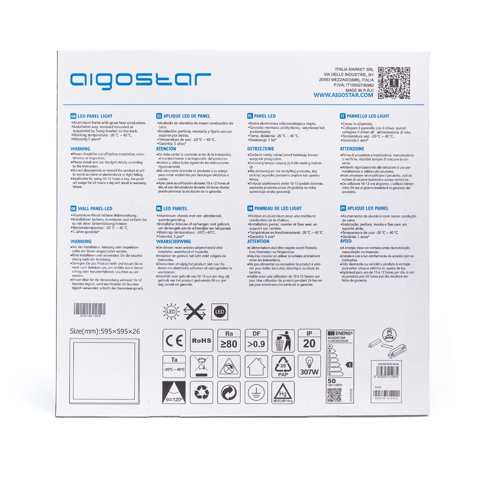 Pannello Led 50W 60x60cm Cornice bianca quadrata Bianco neutro 4000K Aigostar - Foto 3