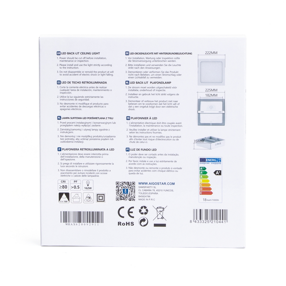 Plafoniera Led slim 18W Bianca Quadrata Bianco freddo 6500K Aigostar - Foto 3