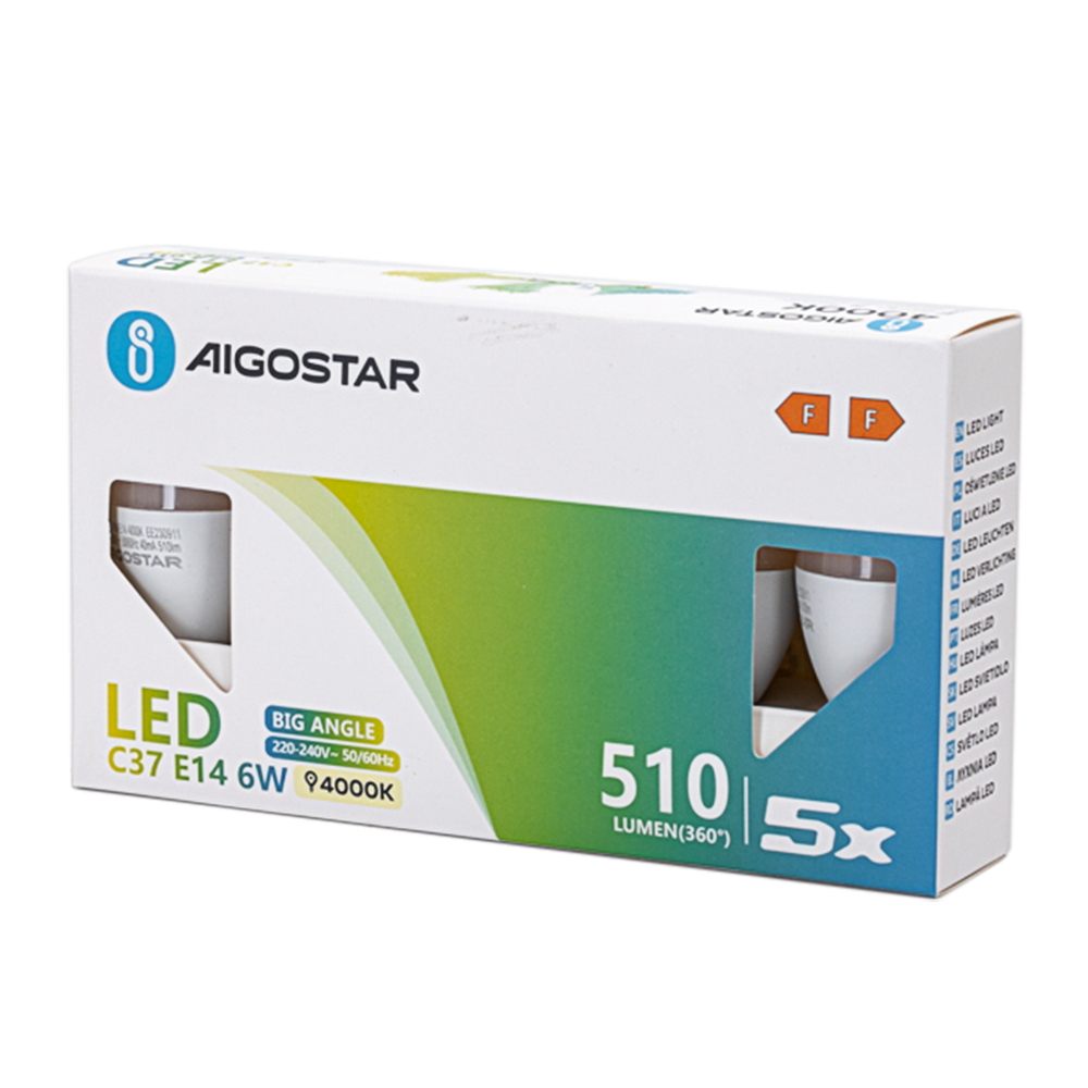 Confezione da 5 Lampadine Led E14 C37 6W Bianco neutro 4000K Aigostar - Foto 3