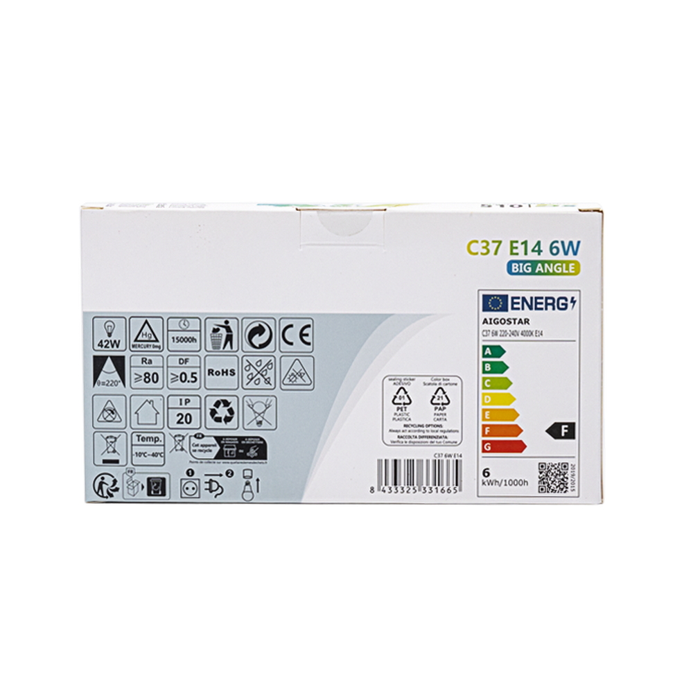 Confezione da 5 Lampadine Led E14 C37 6W Bianco neutro 4000K Aigostar - Foto 4