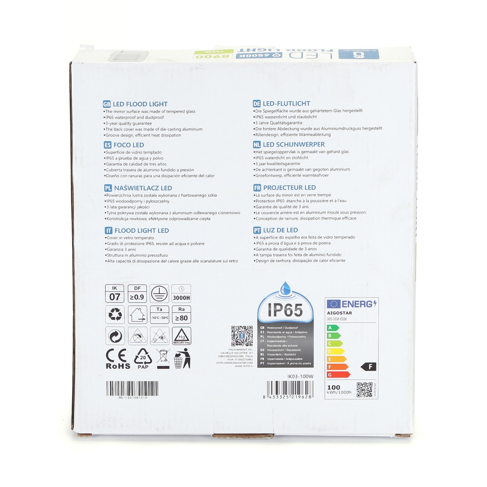 Faro proiettore Led 100W Bianco da esterno IP65 Bianco freddo 6500K Aigostar - Foto 4