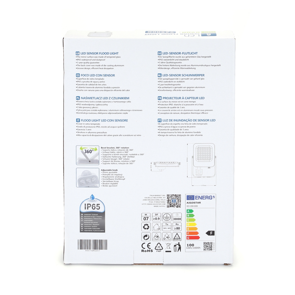 Faro proiettore Led 100W Bianco da esterno IP65 Bianco freddo 6500K con sensore crepuscolare e di movimento Aigostar - Foto 4