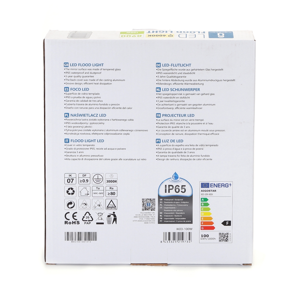 Faro proiettore Led 100W Bianco da esterno IP65 Bianco neutro 4000K Aigostar - Foto 4
