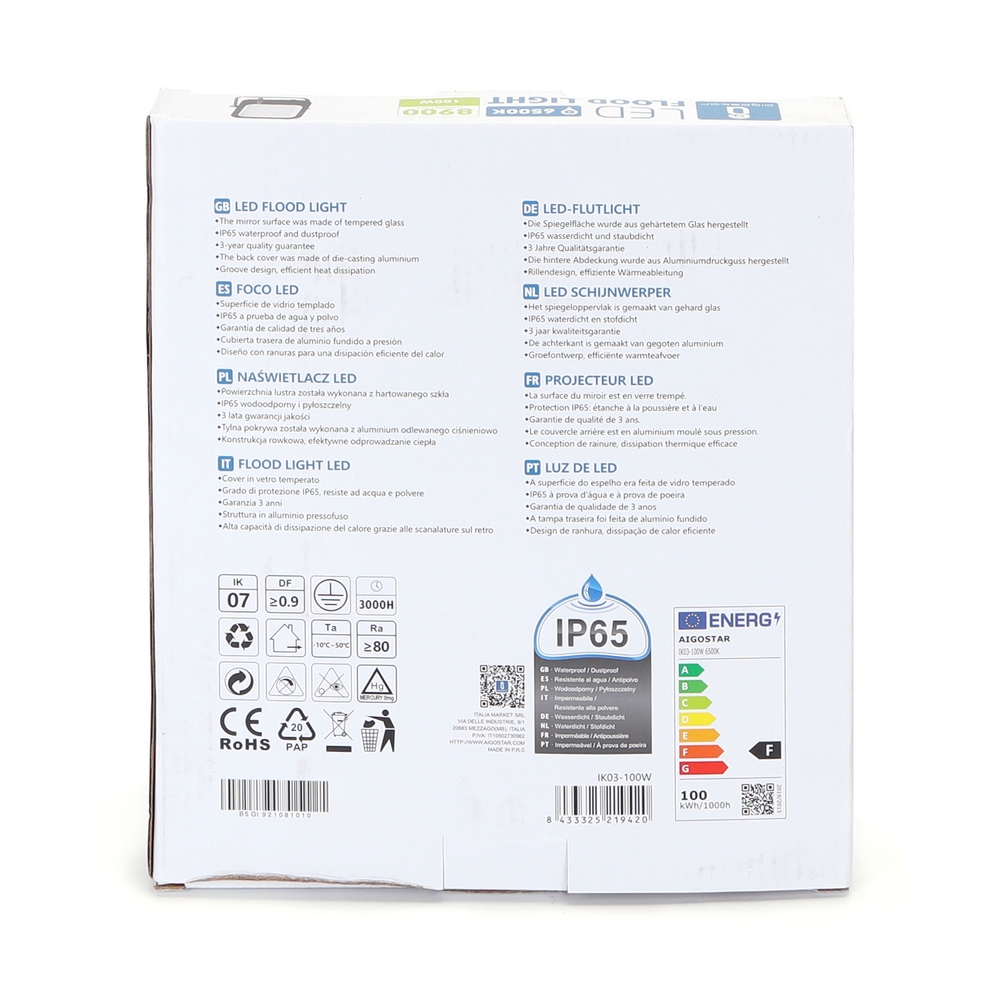 Faro proiettore Led 100W Nero da esterno IP65 Bianco freddo 6500K Aigostar - Foto 4