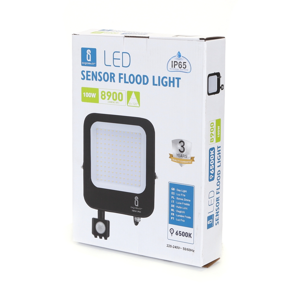 Faro proiettore Led 100W Nero da esterno IP65 Bianco freddo 6500K con sensore crepuscolare e di movimento Aigostar - Foto 2