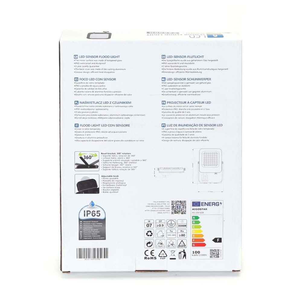 Faro proiettore Led 100W Nero da esterno IP65 Bianco freddo 6500K con sensore crepuscolare e di movimento Aigostar - Foto 3