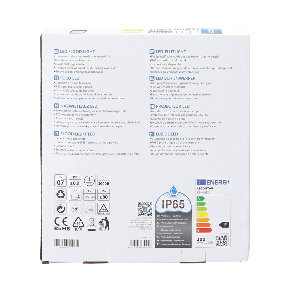 Faro proiettore Led 200W Nero da esterno IP65 Bianco freddo 6500K Aigostar - Foto 4