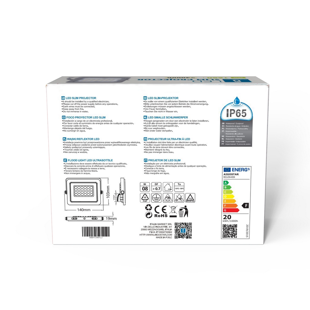Faro proiettore Led 20W Grigio da esterno IP65 Bianco neutro 4000K Aigostar - Foto 4