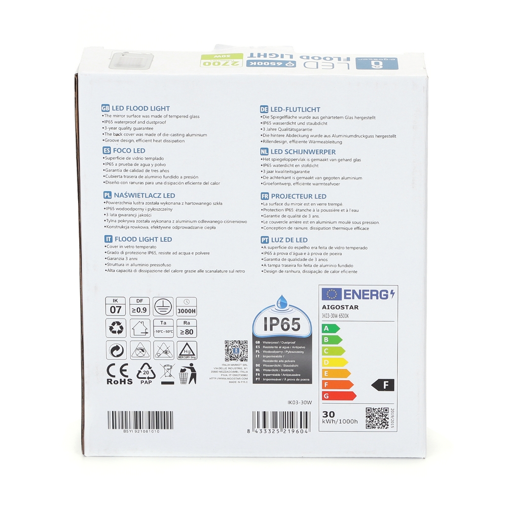 Faro proiettore Led 30W Bianco da esterno IP65 Bianco freddo 6500K Aigostar - Foto 4