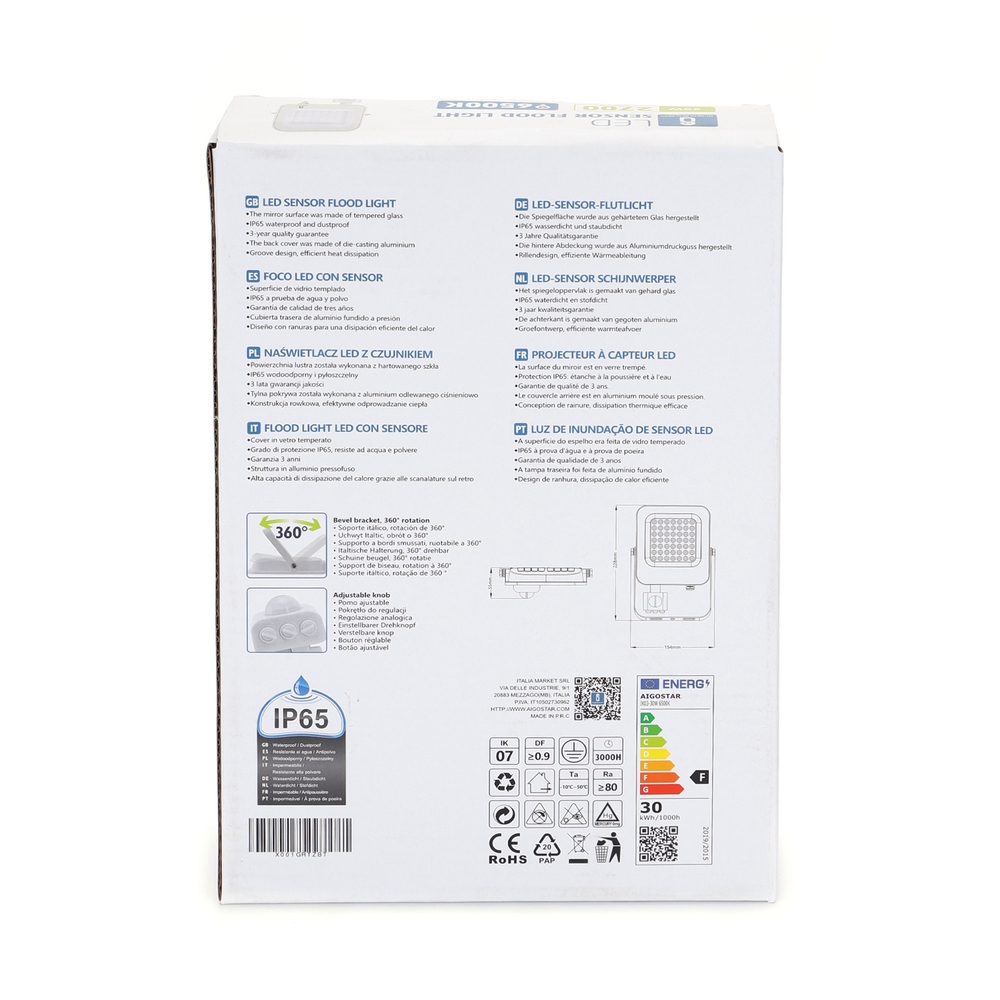 Faro proiettore Led 30W Bianco da esterno IP65 Bianco freddo 6500K con sensore crepuscolare e di movimento Aigostar - Foto 4