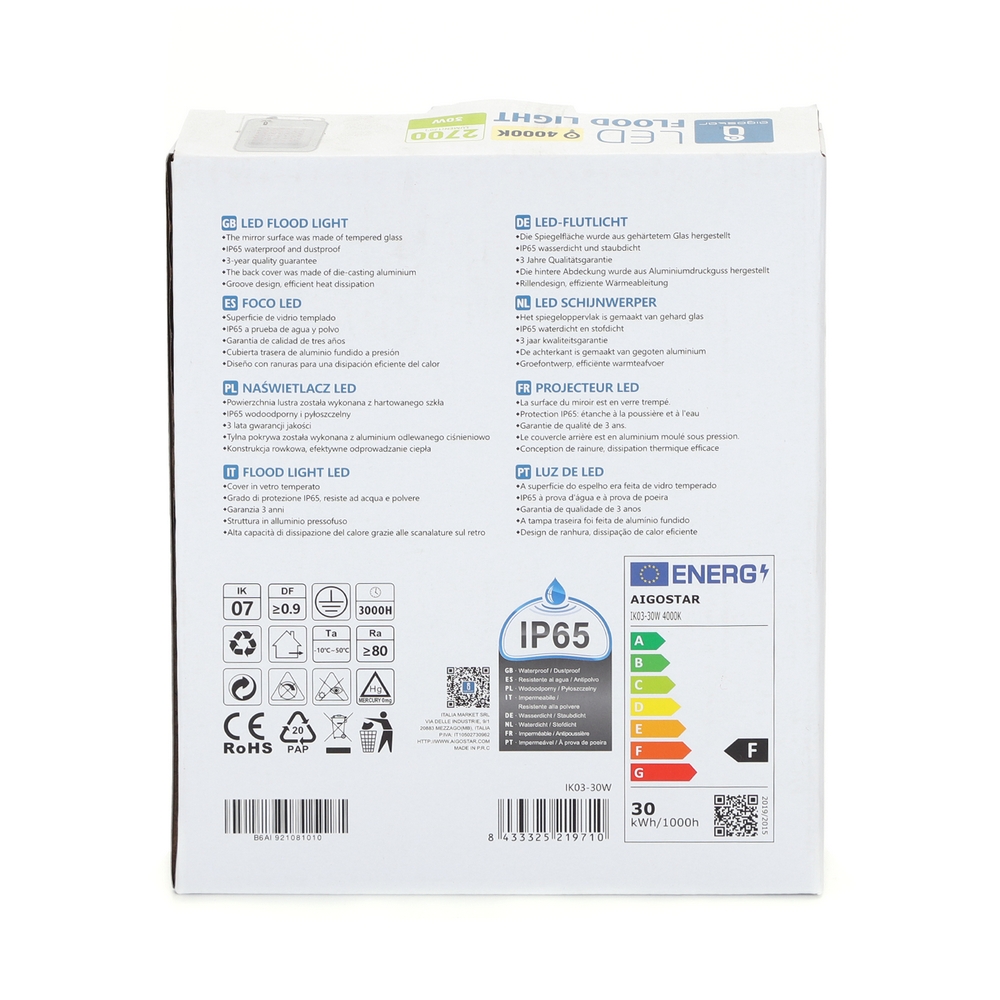 Faro proiettore Led 30W Bianco da esterno IP65 Bianco neutro 4000K Aigostar - Foto 4