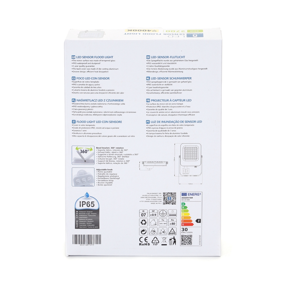 Faro proiettore Led 30W Bianco da esterno IP65 Bianco neutro 4000K con sensore crepuscolare e di movimento Aigostar - Foto 4
