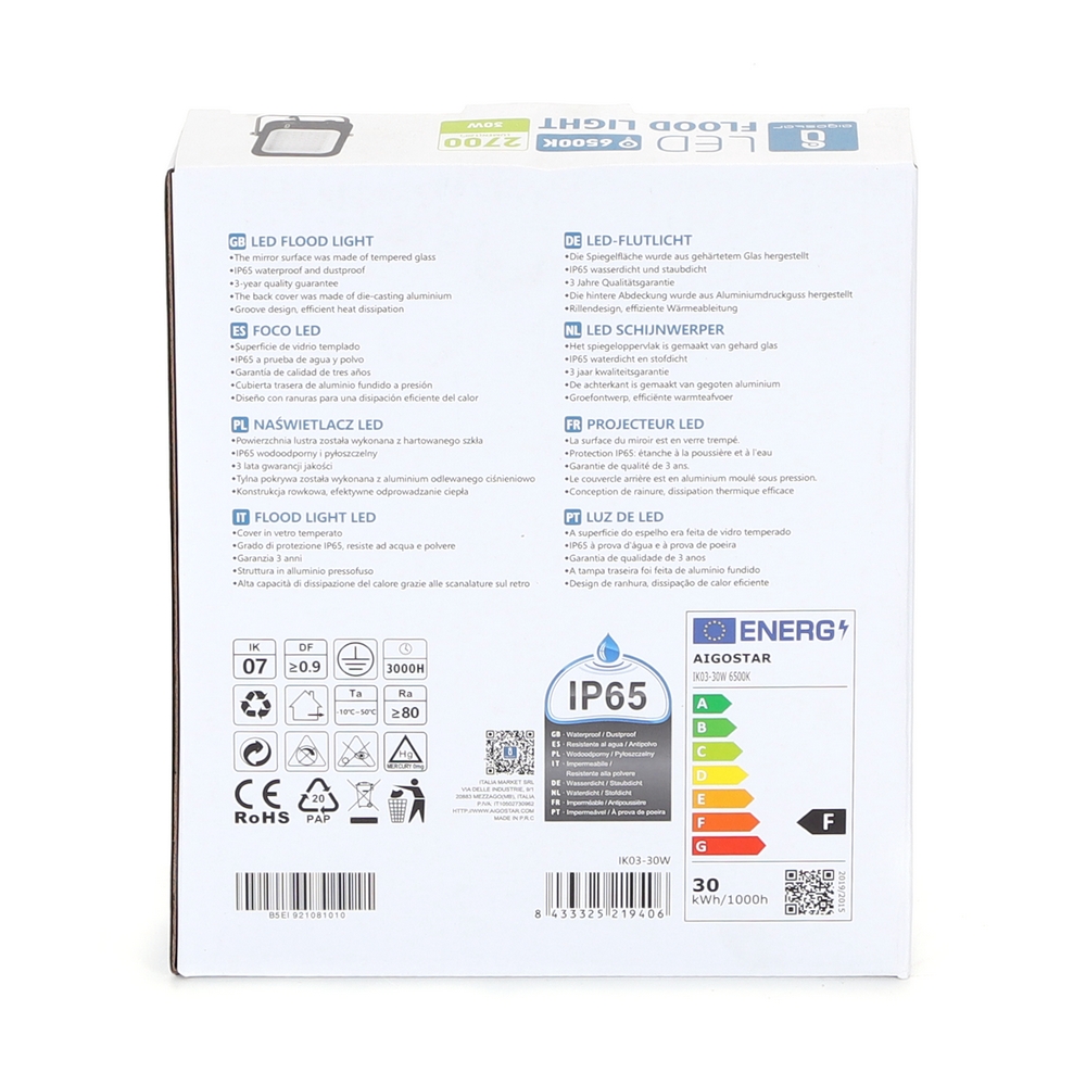 Faro proiettore Led 30W Nero da esterno IP65 Bianco freddo 6500K Aigostar - Foto 4