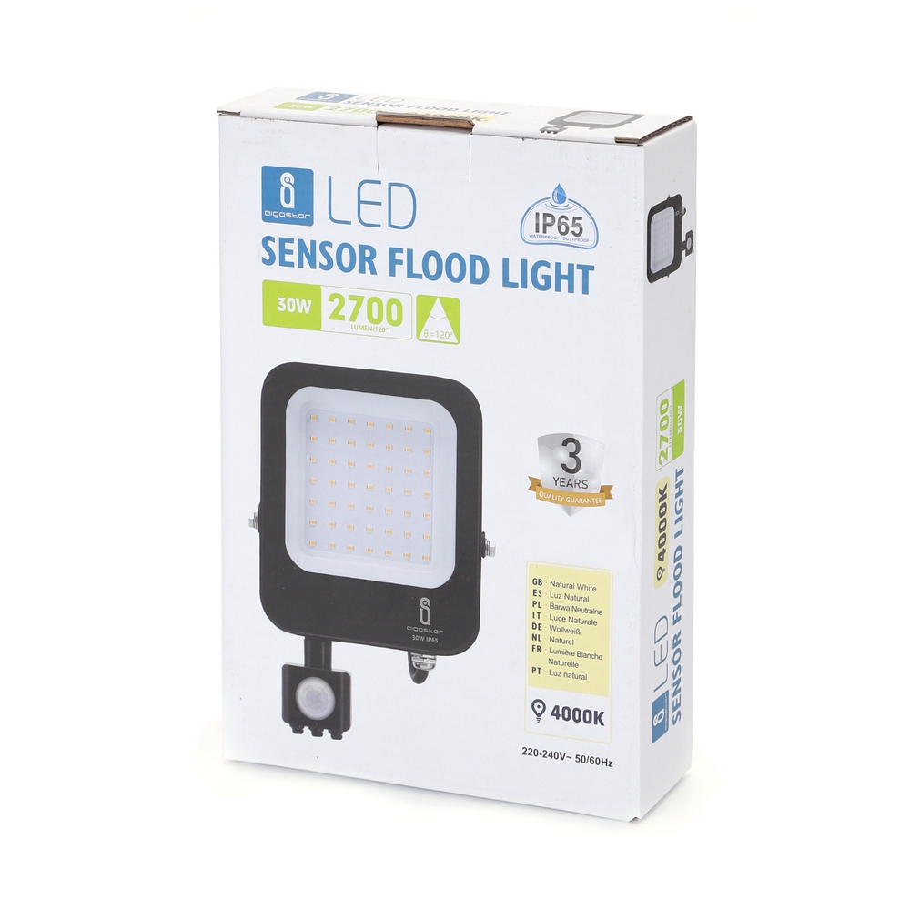 Faro proiettore Led 30W Nero da esterno IP65 Bianco neutro 4000K con sensore crepuscolare e di movimento Aigostar - Foto 3