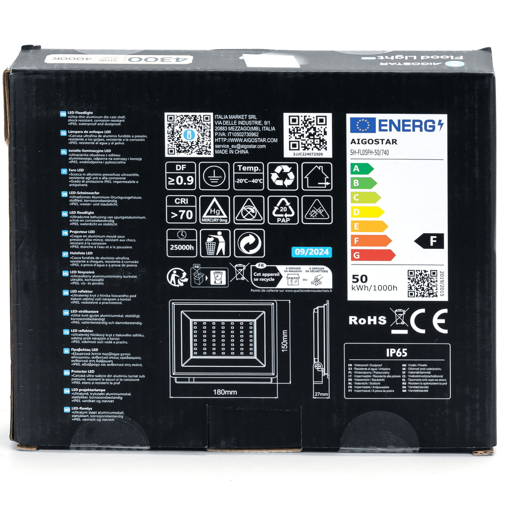 Faro proiettore Led 50W Bianco da esterno slim IP65 Bianco neutro 4000K Aigostar - Foto 5