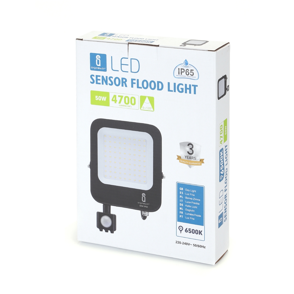 Faro proiettore Led 50W Nero da esterno IP65 Bianco freddo 6500K con sensore crepuscolare e di movimento Aigostar - Foto 3