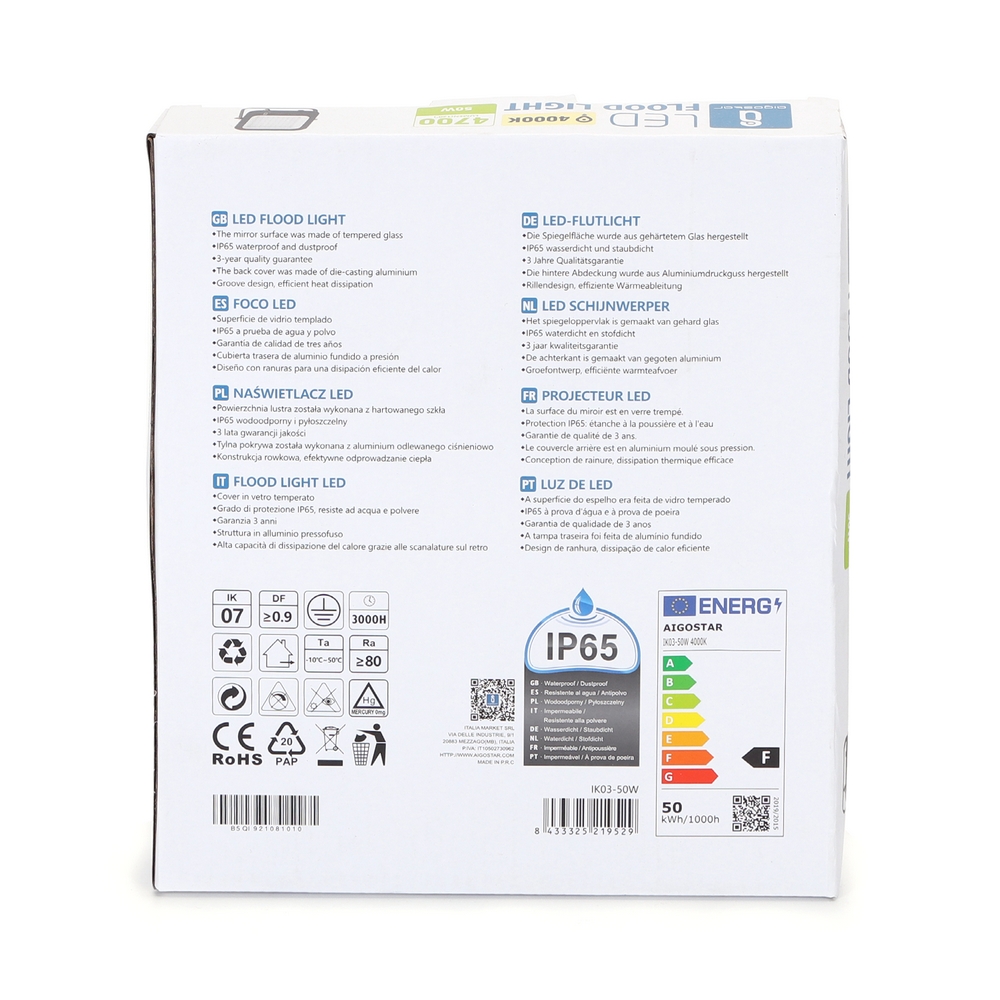 Faro proiettore Led 50W Nero da esterno IP65 Bianco neutro 4000K Aigostar - Foto 4