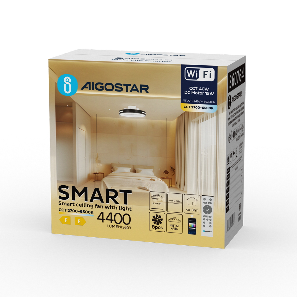 Lampadario Ventilatore da soffitto 55W Smart Bluetooth CCT illuminazione Led regolabile con telecomando Aigostar - Foto 4