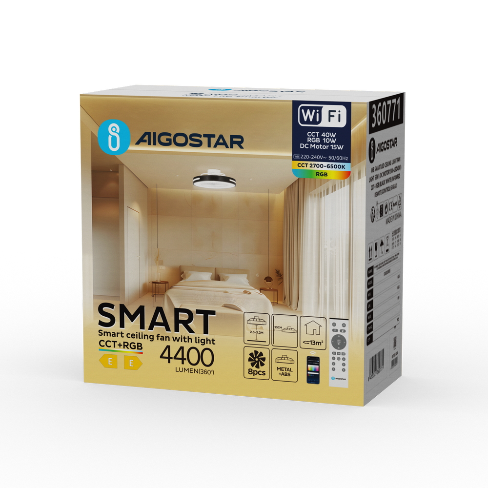 Lampadario Ventilatore da soffitto 55W Smart Bluetooth CCT + RGB illuminazione Led regolabile con telecomando Aigostar - Foto 4