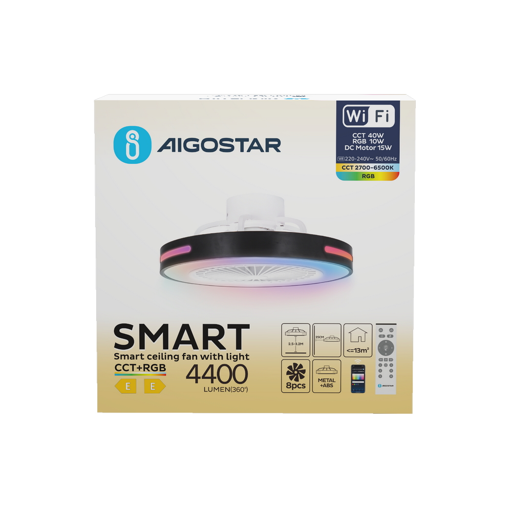 Lampadario Ventilatore da soffitto 55W Smart Bluetooth CCT + RGB illuminazione Led regolabile con telecomando Aigostar - Foto 5