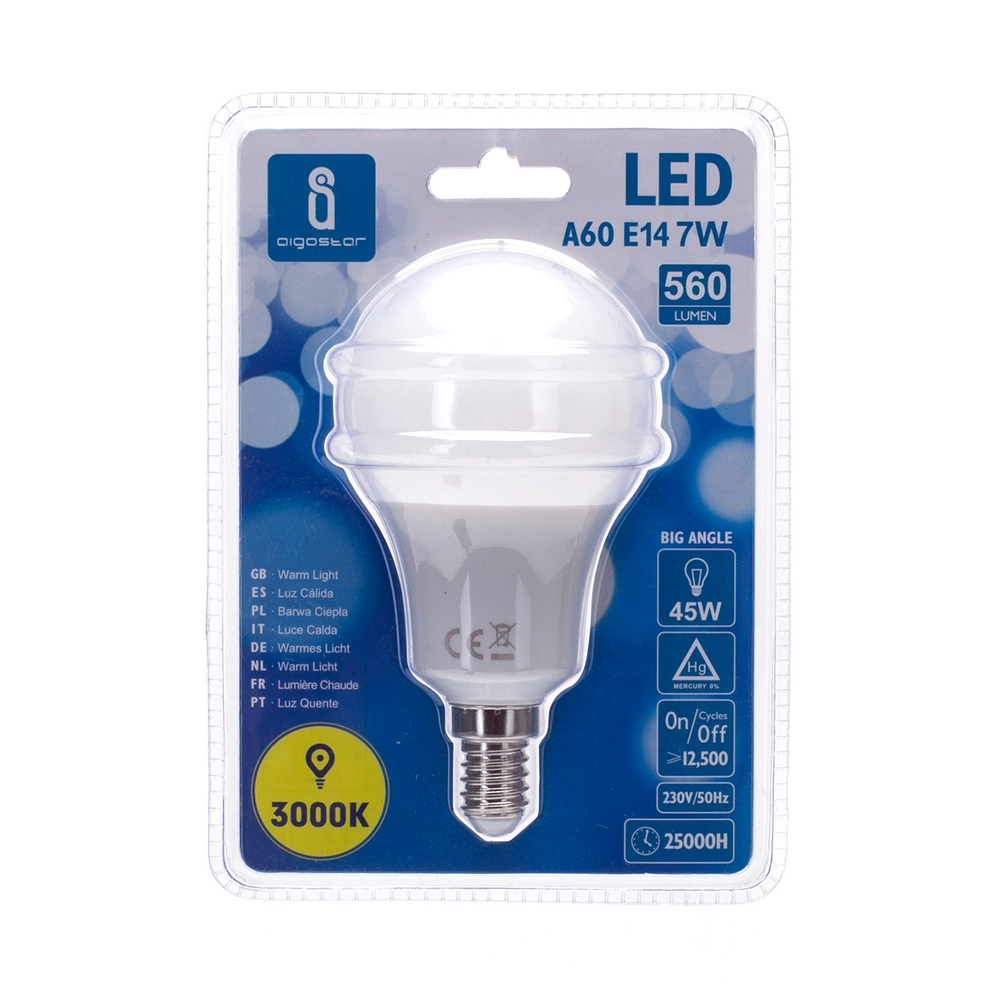 Lampadina Led E14 A60 a bulbo 7W Bianco caldo 3000K Aigostar - Foto 1