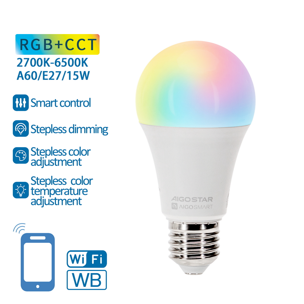 Lampadina Led Smart A60 E27 15W WiFi RGB CCT luce regolabile e dimmerabile Aigostar - Foto 3