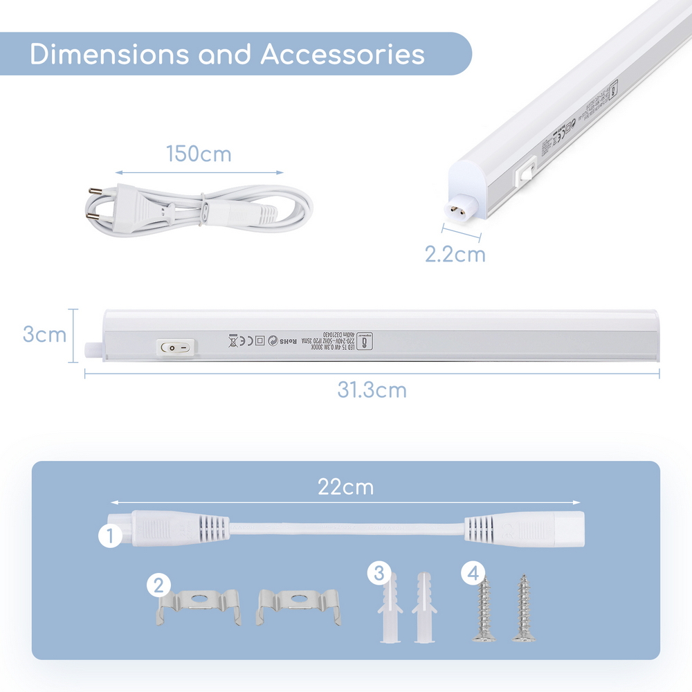 Reglette Led sottopensile 4W da 30cm Bianco freddo 6500K Aigostar - Foto 7