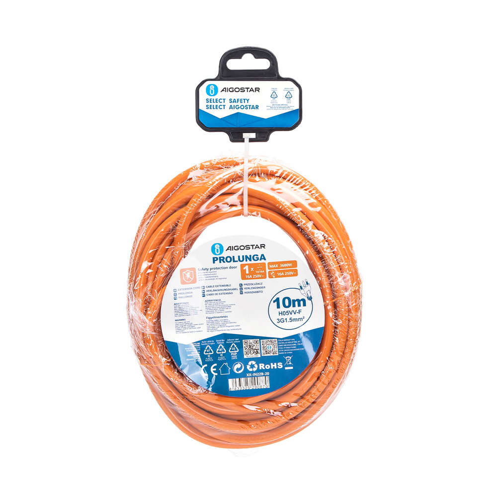 Cavo prolunga elettrico da 10m – Spina 16A 2P+T e Presa Schuko+Bipasso 16A 2P+T Arancione Aigostar - Foto 4