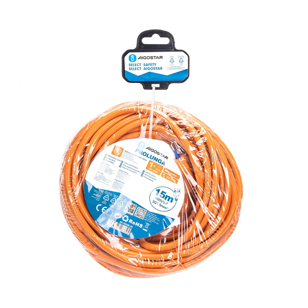 Cavo prolunga elettrico da 15m – Spina 16A 2P+T e Presa Schuko+Bipasso 16A 2P+T Arancione Aigostar - Foto 4