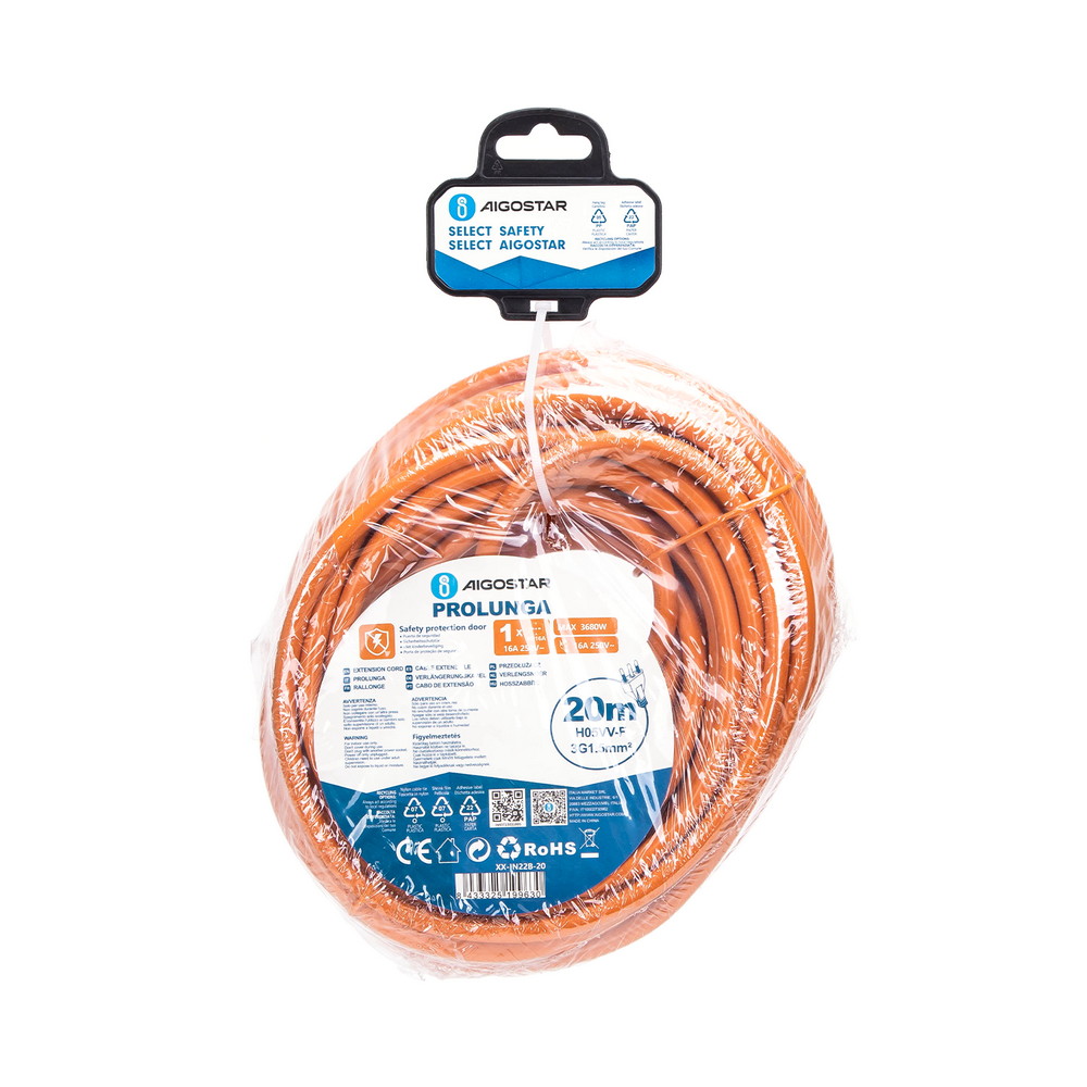 Cavo prolunga elettrico da 20m – Spina 16A 2P+T e Presa Schuko+Bipasso 16A 2P+T Arancione Aigostar - Foto 4