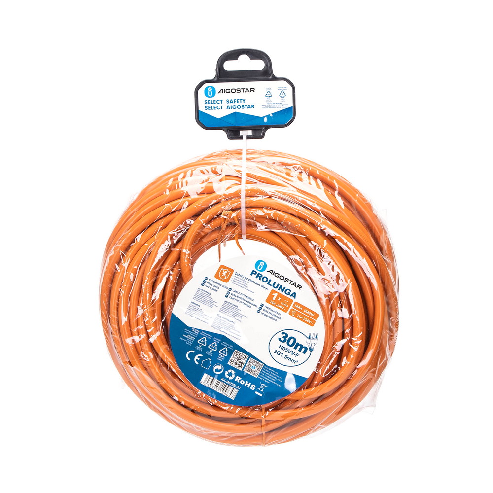 Cavo prolunga elettrico da 30m – Spina 16A 2P+T e Presa Schuko+Bipasso 16A 2P+T Arancione Aigostar - Foto 4