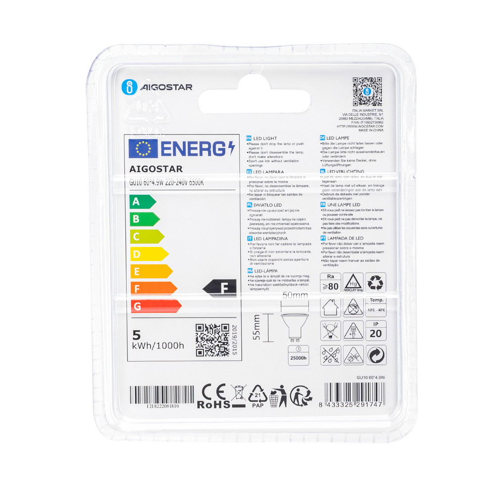 Faretto Led GU10 4,9W COB Apertura 63 gradi Bianco freddo 6500K Aigostar - Foto 6