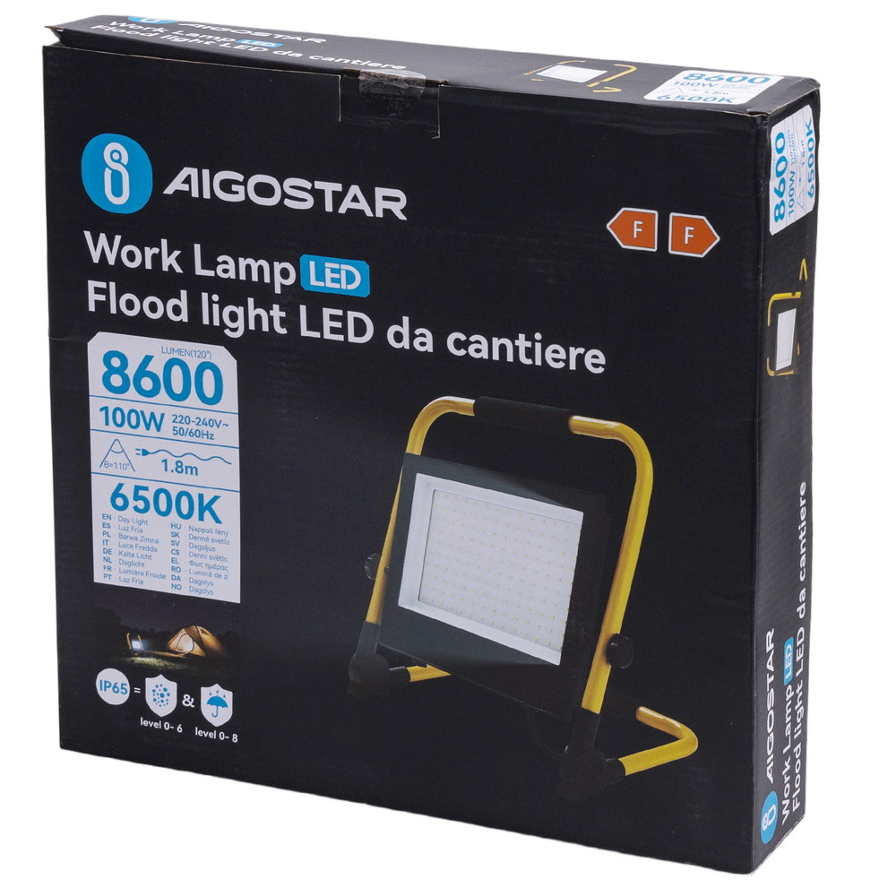 Faro Led da lavoro portatile 100W Nero e giallo IP65 Bianco freddo 6500K Aigostar - Foto 6