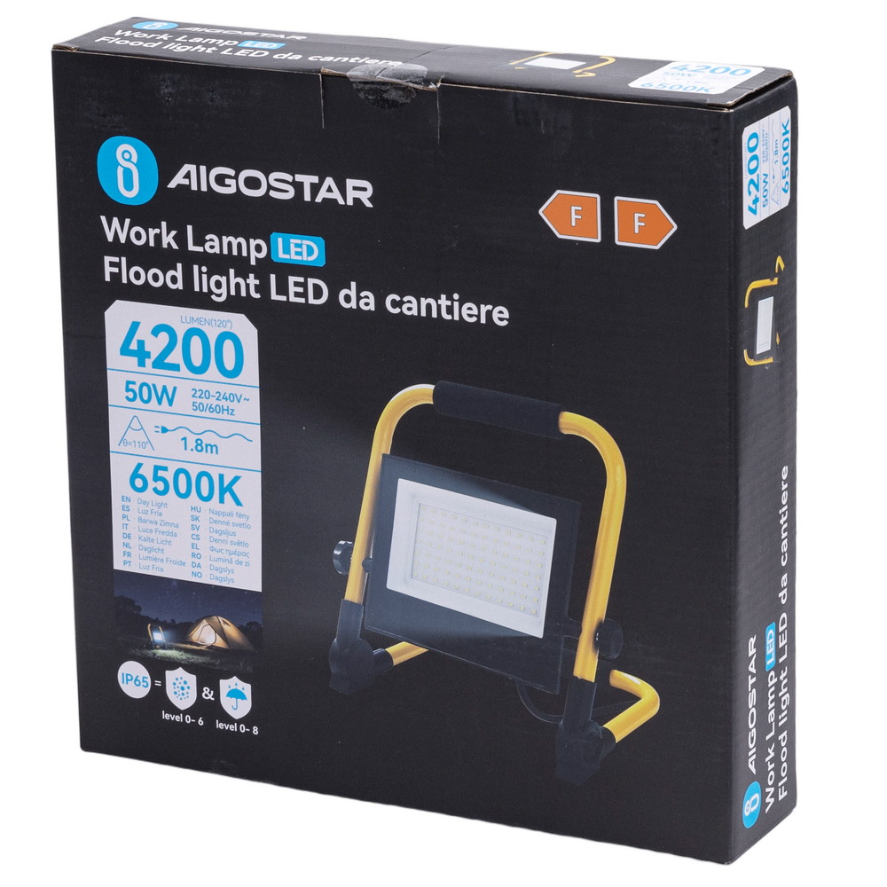 Faro Led da lavoro portatile 50W Nero e giallo IP65 Bianco freddo 6500K Aigostar - Foto 6