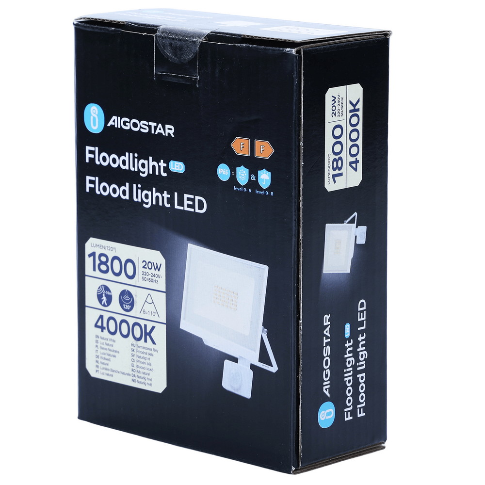 Faro proiettore Led Slim 20W Bianco da esterno IP65 Bianco neutro 4000K con sensore crepuscolare e di movimento Aigostar - Foto 5