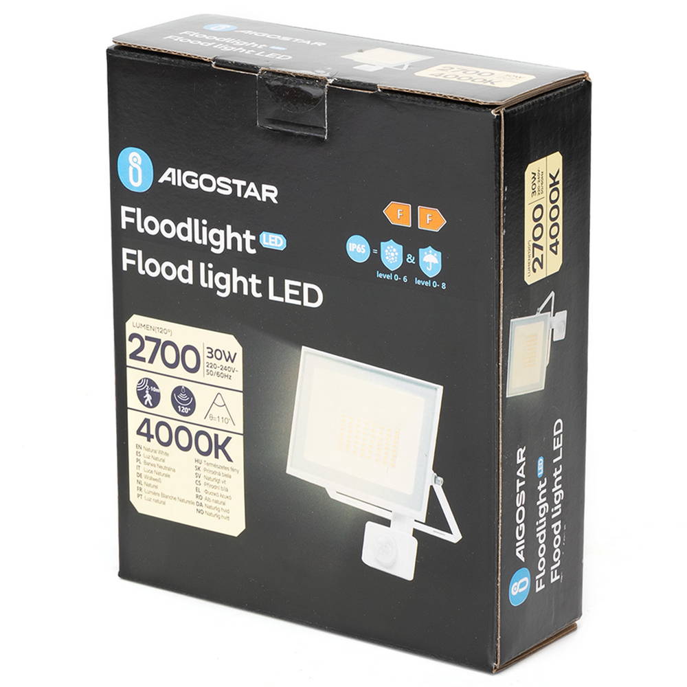 Faro proiettore Led Slim 30W Bianco da esterno IP65 Bianco neutro 4000K con sensore crepuscolare e di movimento Aigostar - Foto 3