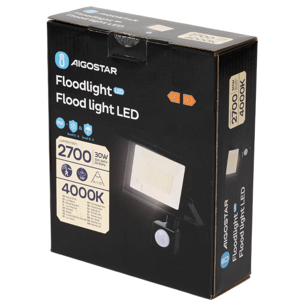 Faro proiettore Led Slim 30W Nero da esterno IP65 Bianco neutro 4000K con sensore crepuscolare e di movimento Aigostar - Foto 6