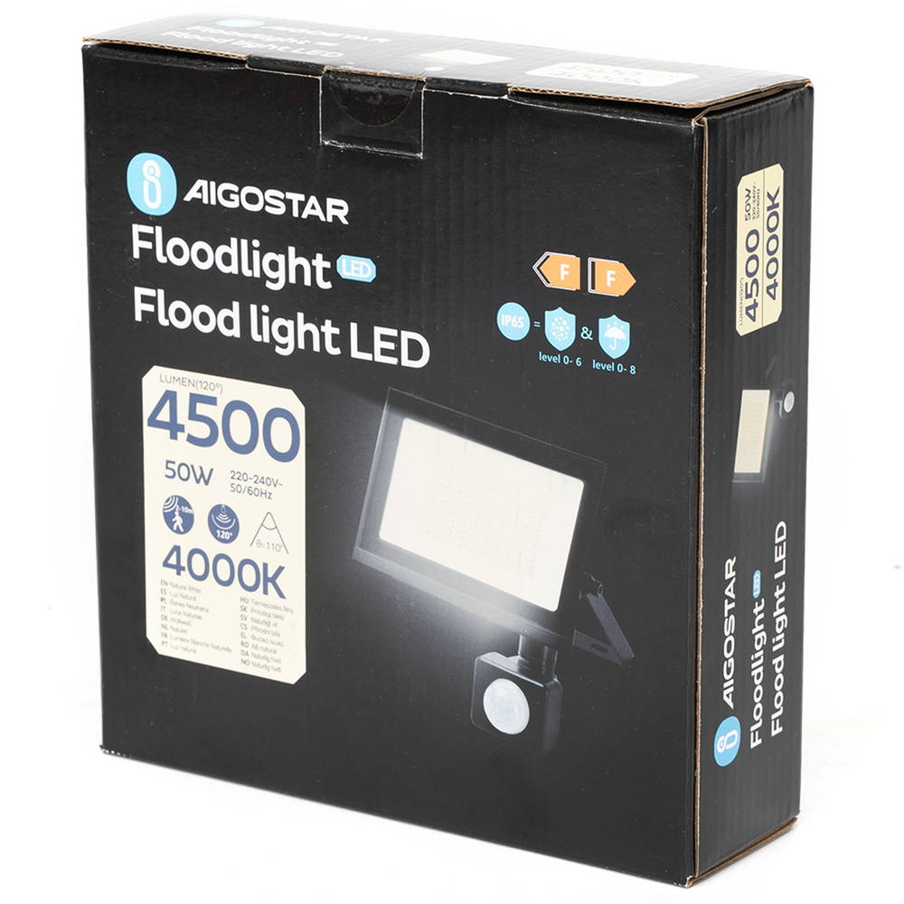 Faro proiettore Led Slim 50W Nero da esterno IP65 Bianco neutro 4000K con sensore crepuscolare e di movimento Aigostar - Foto 5