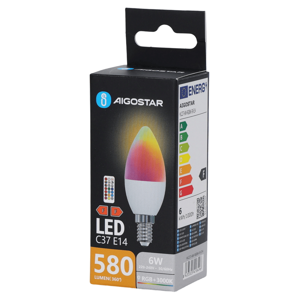 Lampadina Led E14 C37 a oliva 6W RGB + Bianco caldo 3000K con telecomando Aigostar - Foto 4